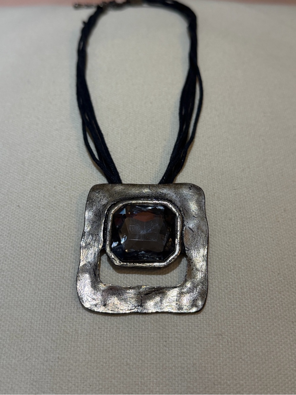 Vintage-Inspired Silver Square Pendant Necklace with Smoky Crystal